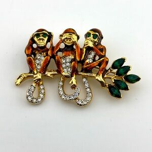 Hear No Evil See No Evil Speak No Evil Enamel Monkey Brooch With Rhinestones